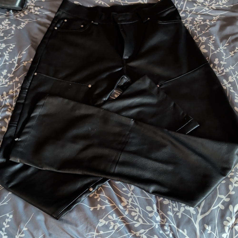 Black Lightweight Faux Leather Pants With Silver Snaps